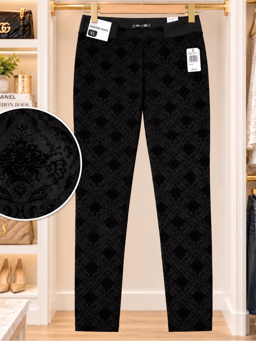 NWT one 5 one Black Velvet Jacquard Premiere Ponte Pants Leggings | Sz XL 16